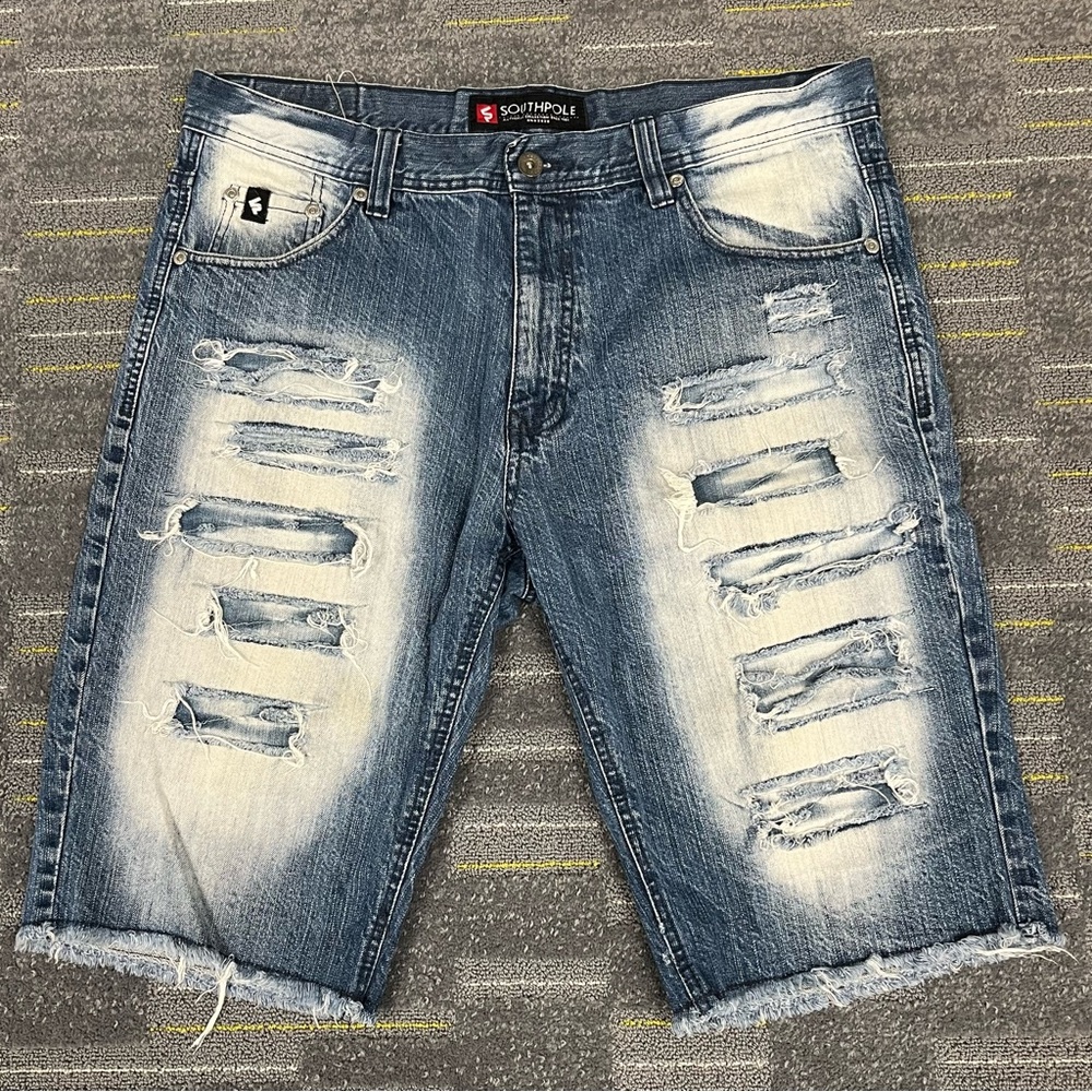 Southpole Shorts Mens 40 Blue Raw Hem Distressed Shredded Streetwear Skater Y2K